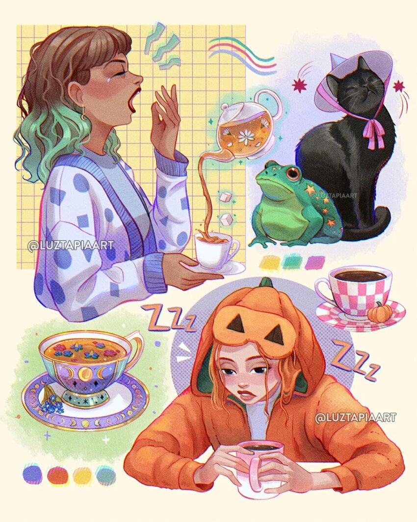 2girls artist_name black_cat blue_jacket brown_hair cat closed_eyes cup frog from_side glass_teapot green_hair highres holding holding_cup hood hoodie jacket luztapiaart multicolored_hair multicolored_jacket multiple_girls open_mouth orange_hair orange_hoodie original peyton_(luztapiaart) roya_(luztapiaart) saucer sleep_mask teacup two-tone_hair two-tone_jacket watermark white_jacket zzz