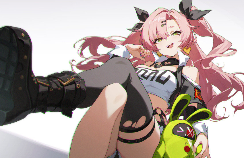 1girl absurdres amillion_(zenless_zone_zero) bangboo_(zenless_zone_zero) black_thighhighs crop_top crossed_legs denim green_eyes green_nails hair_ornament hairclip highres jeans long_hair looking_at_viewer mole mole_under_eye nail_polish nicole_demara off-shoulder_shirt off_shoulder open_mouth pants pink_hair shali shirt single_thighhigh teeth thigh_strap thighhighs torn_clothes torn_thighhighs two_side_up upper_teeth_only white_background zenless_zone_zero