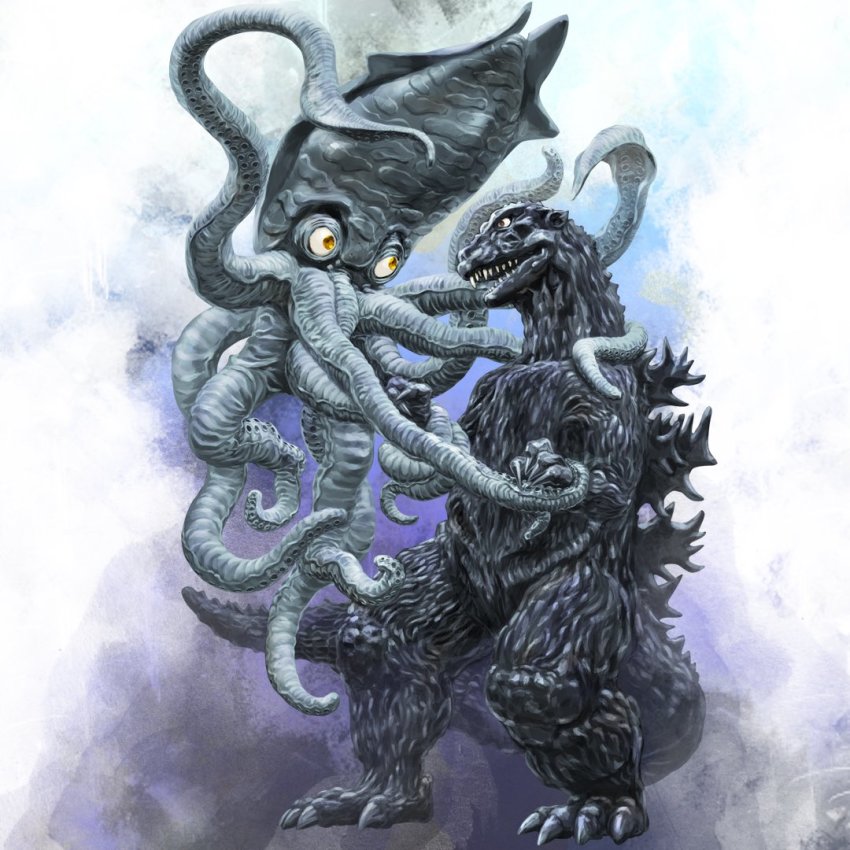 company_connection crossover cuttlefish dinosaur fighting gezora godzilla godzilla_(1954) godzilla_(series) igunuk kaiju looking_at_another no_humans open_mouth sharp_teeth space_amoeba_(film) squid standing teeth tentacles toho yellow_eyes