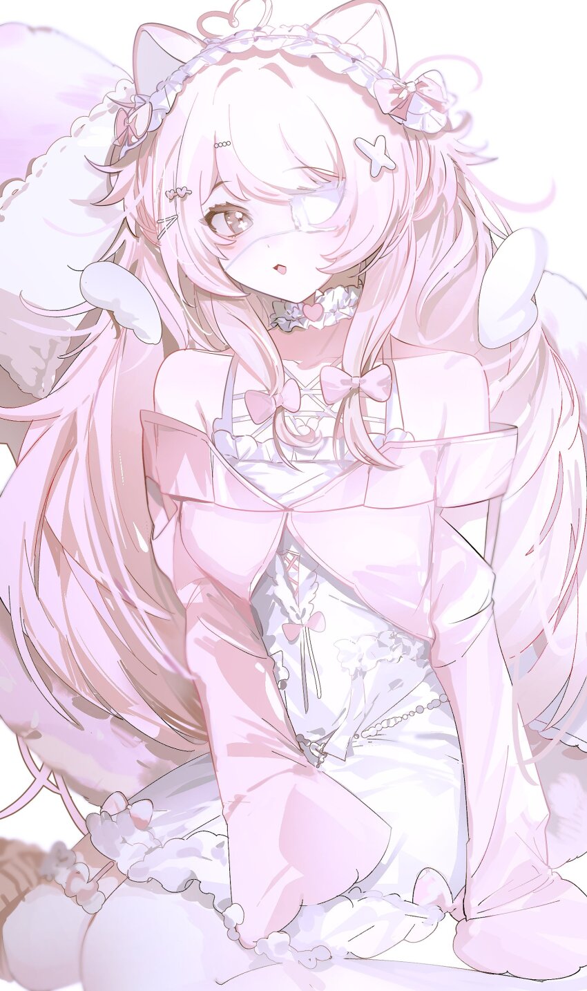 1girl absurdres ahoge animal_ears cardigan choker clothing_cutout cropped_cardigan detached_wings dress eyepatch firofilo frilled_choker frilled_hairband frills grey_eyes hair_ornament hairband heart heart_ahoge highres indie_virtual_youtuber long_hair looking_at_viewer medical_eyepatch mini_wings one_eye_covered open_mouth pink_cardigan pink_hair purin_(pwurin_) second-party_source sidelocks sitting sleeves_past_fingers sleeves_past_wrists solo tail very_long_hair virtual_youtuber white_choker white_dress wings x_hair_ornament