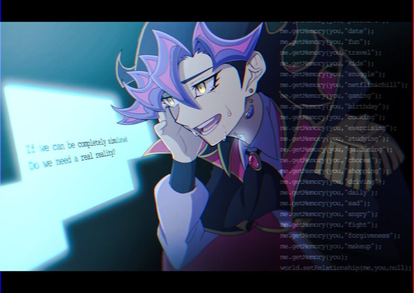 1boy ai_(yu-gi-oh!) alternate_form ascot atltax_00 black_ascot black_background black_border black_cape black_hair black_sleeve_cuffs border cape colored_bangs crying crying_with_eyes_open dress_shirt earrings english_text epaulettes facing_to_the_side gold_trim gradient_background grey_background hand_on_own_face hologram holographic_interface humanoid_robot indoors jacket jewelry looking_to_the_side male_focus open_clothes open_jacket open_mouth ornate_border popped_collar programming purple_shirt red_cape robot shirt streaming_tears tearing_up tears yellow_eyes yu-gi-oh! yu-gi-oh!_vrains