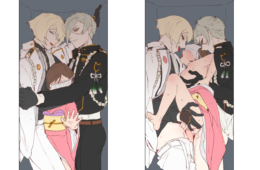 1girl 2boys anal blonde_hair boy_sandwich brown_hair coat commentary_request cramped dal-gi double_penetration faceless faceless_female female_saniwa_(touken_ranbu) french_kiss green_hair group_sex hetero higekiri_(touken_ranbu) highres hizamaru_(touken_ranbu) japanese_clothes kimono kiss korean_commentary mmf_threesome multiple_boys orange_eyes pink_kimono saliva saliva_trail sandwiched short_hair stuck_in_a_box suspended_congress threesome touken_ranbu vaginal