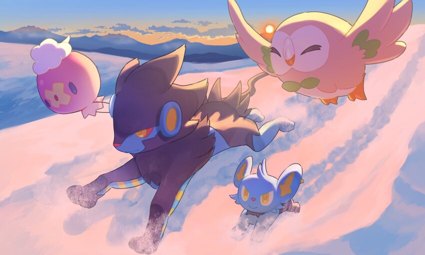 closed_eyes closed_mouth cloud colored_sclera commentary_request day drifloon gen_4_pokemon gen_7_pokemon highres luxray mokukitusui nintendo no_humans outdoors pokemon pokemon_(creature) red_sclera rowlet running shinx sky smile snow sun yellow_eyes yellow_pupils