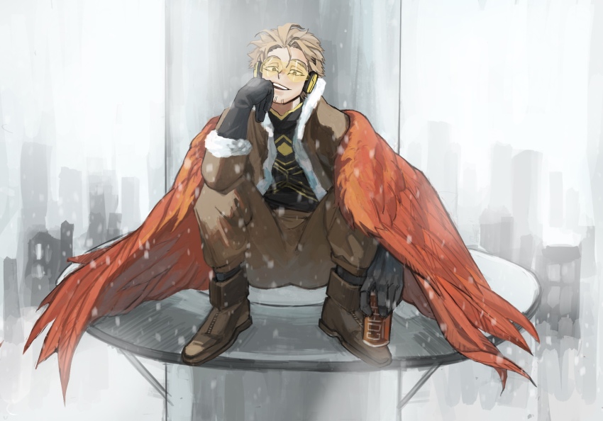 1boy black_shirt boku_no_hero_academia boots brown_boots brown_coat brown_hair brown_pants can canned_coffee coat drink_can feathered_wings full_body grin hawks_(boku_no_hero_academia) headphones highres kogu_(nue_insideout) looking_at_viewer male_focus pants red_wings shirt smile solo squatting wings