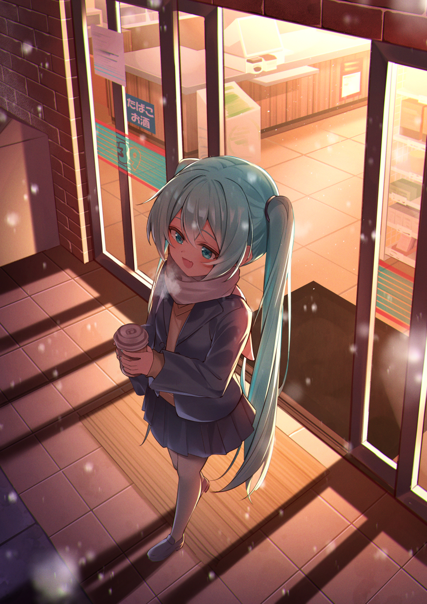 1girl 39 :d absurdres black_jacket black_skirt blue_eyes blue_hair commentary convenience_store cup disposable_coffee_cup disposable_cup fang full_body hatsune_miku highres holding holding_cup jacket long_hair miniskirt night open_clothes open_jacket open_mouth outdoors pleated_skirt ryaru_ryaru scarf shoes shop skin_fang skirt sliding_doors smile snowing solo sweater twintails very_long_hair vocaloid walking white_scarf white_shoes yellow_sweater
