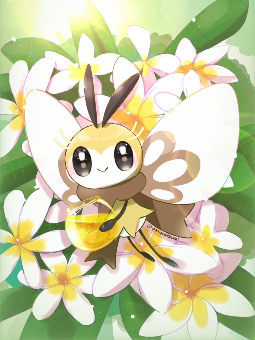:&gt; animal_focus antennae black_eyes brown_scarf closed_mouth flower flying full_body game_freak gen_7_pokemon green_background highres holding holding_jar insect_wings jar leaf looking_at_viewer nintendo no_humans outdoors pokemon pokemon_(creature) ribombee saki_pokeoekaki scarf smile solo wings yellow_flower