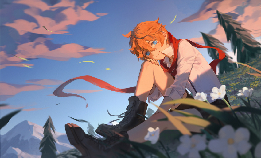 1boy absurdres blue_eyes blue_sky boots cloud fir_tree genshin_impact highres looking_at_viewer male_focus meadow mountain naglus orange_hair red_scarf scarf shirt short_hair shorts sitting sky smile solo suspender_shorts suspenders tartaglia_(genshin_impact) tree white_shirt