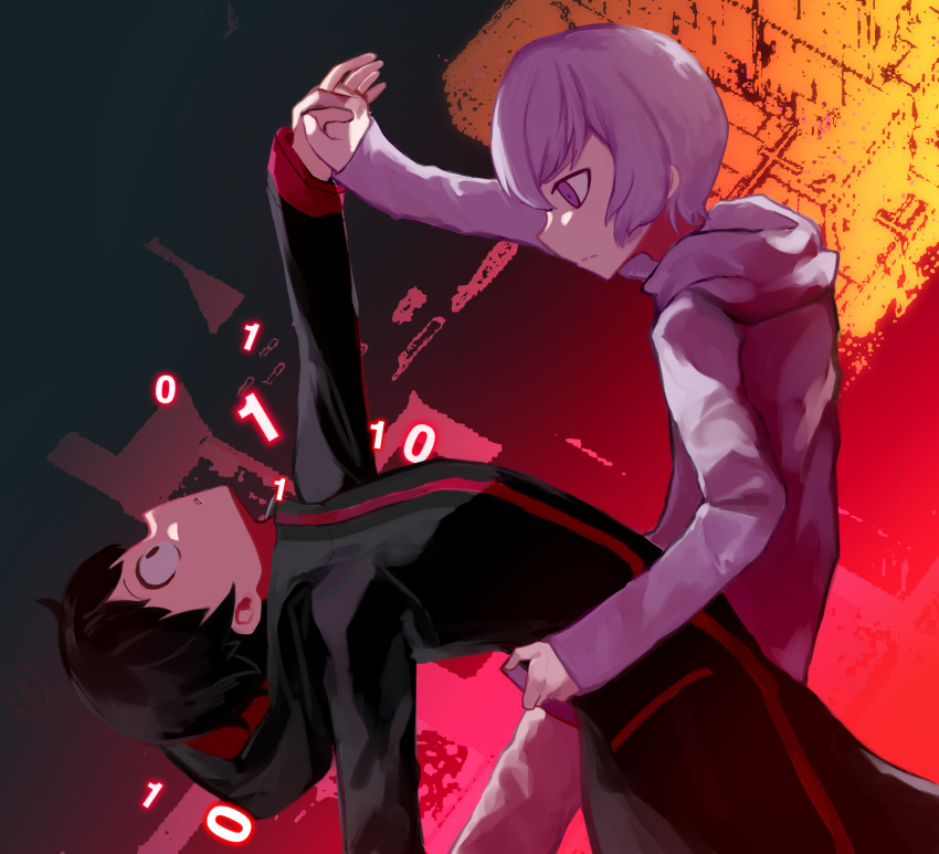 amasawa_keisuke black_eyes black_hair cosplay digimon digimon_story:_cyber_sleuth digimon_story:_cyber_sleuth_hacker&#039;s_memory highres k_(digimon) k_(digimon)_(cosplay) nogi_yu pink_eyes pink_hair short_hair