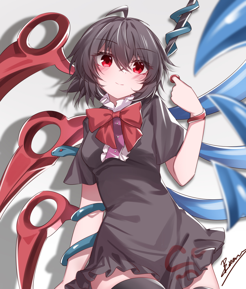1girl absurdres ahoge asymmetrical_wings black_dress black_hair black_thighhighs blue_wings blush bow bowtie breasts commentary dress english_commentary highres houjuu_nue looking_at_viewer medium_breasts polearm red_bow red_bowtie red_eyes red_wings short_hair short_sleeves smile snake solo thighhighs top-exerou touhou weapon wings