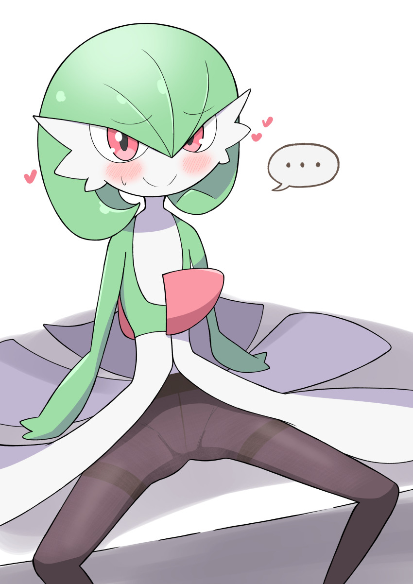 ... 1girl absurdres araki_megami black_pantyhose blush bob_cut closed_mouth clothed_pokemon colored_skin crotch_seam female_focus flat_chest game_freak gardevoir gen_3_pokemon green_hair green_skin hair_between_eyes heart highres legs looking_at_viewer multicolored_skin nervous nintendo pantyhose pokemon pokemon_(creature) presenting raised_eyebrows red_eyes short_hair shy sitting solo speech_bubble split_mouth spoken_ellipsis spread_legs sweat thighband_pantyhose two-tone_skin white_background white_skin