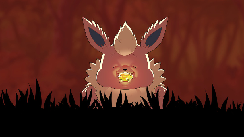 animal_focus backlighting blonde_hair blurry blurry_background closed_eyes creatures_(company) drunkoak evolution_stone evolutionary_stone fangs fire_stone flareon fur_collar game_freak gen_1_pokemon glowing grass hands_up highres mouth_hold nintendo no_humans open_mouth outdoors paw_pose pokemon pokemon_(creature) red_background red_theme short_hair simple_background straight-on upper_body