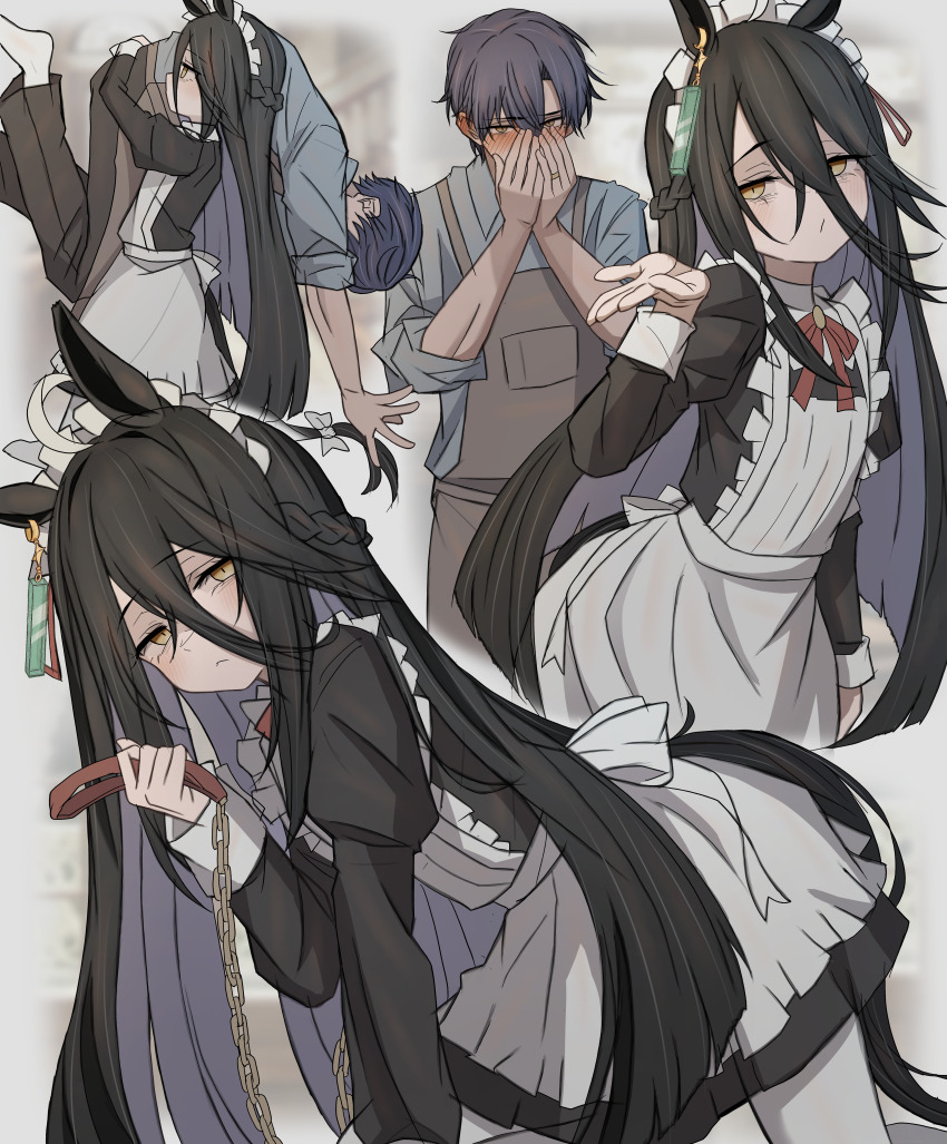 1boy 1girl absurdres animal_ears apron black_dress black_hair black_pants blowing_kiss blue_hair blush brown_apron carrying carrying_person closed_mouth covering_face dress hair_between_eyes highres holding_own_leash horse_ears horse_girl horse_tail leogust long_hair looking_at_another maid maid_apron maid_headdress manhattan_cafe_(umamusume) pants pantyhose sidelocks socks tail umamusume white_apron white_pantyhose white_socks yellow_eyes