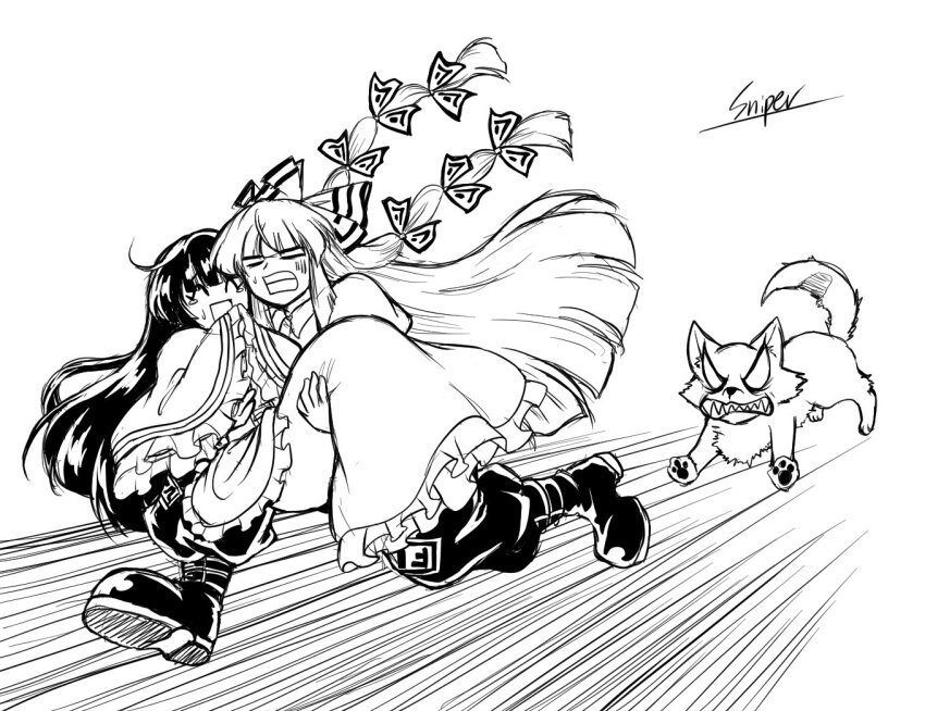 2girls artist_name boots bow carrying chasing clenched_teeth closed_eyes collared_shirt commentary_request dog fleeing frilled_sleeves frills fujiwara_no_mokou greyscale hair_bow houraisan_kaguya long_hair long_sleeves monochrome multiple_girls multiple_hair_bows open_mouth pants princess_carry running shirt signature smile sniper16783072 teeth touhou very_long_hair wide_sleeves