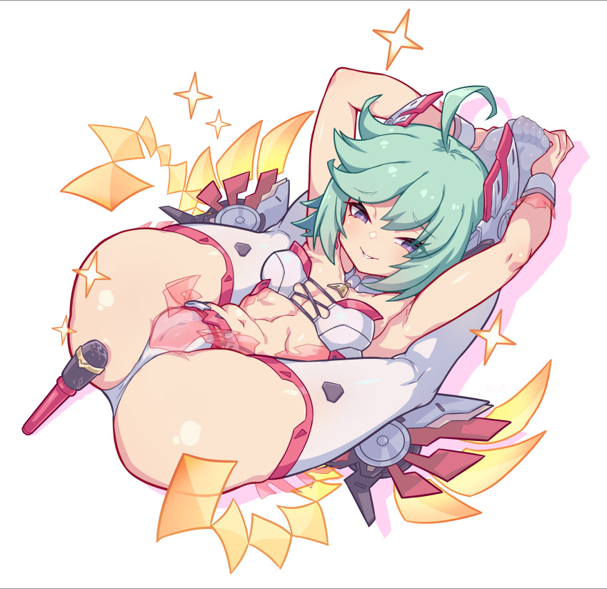 1girl absurdres ahoge ass azure_striker_gunvolt azure_striker_gunvolt_2 bra breasts cameltoe full_body gd._fengzi green_hair gunvolt_chronicles_luminous_avenger_ix headgear highres lying microphone official_alternate_costume on_back panties revealing_clothes roro_(gunvolt) short_hair small_breasts solo underwear white_bra white_panties