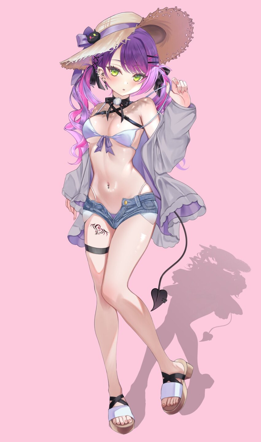 1girl bikini blue_shorts breasts cleavage commentary_request demon_tail denim denim_shorts feet full_body green_eyes grey_jacket hair_ornament hairclip hat highres hololive jacket kurusu_rei leg_tattoo long_hair open_clothes open_jacket parted_lips pink_background purple_hair sandals short_shorts shorts simple_background small_breasts solo sun_hat swimsuit tail tattoo toes tokoyami_towa twitter_username virtual_youtuber white_bikini winged_heart winged_heart_tattoo x_hair_ornament