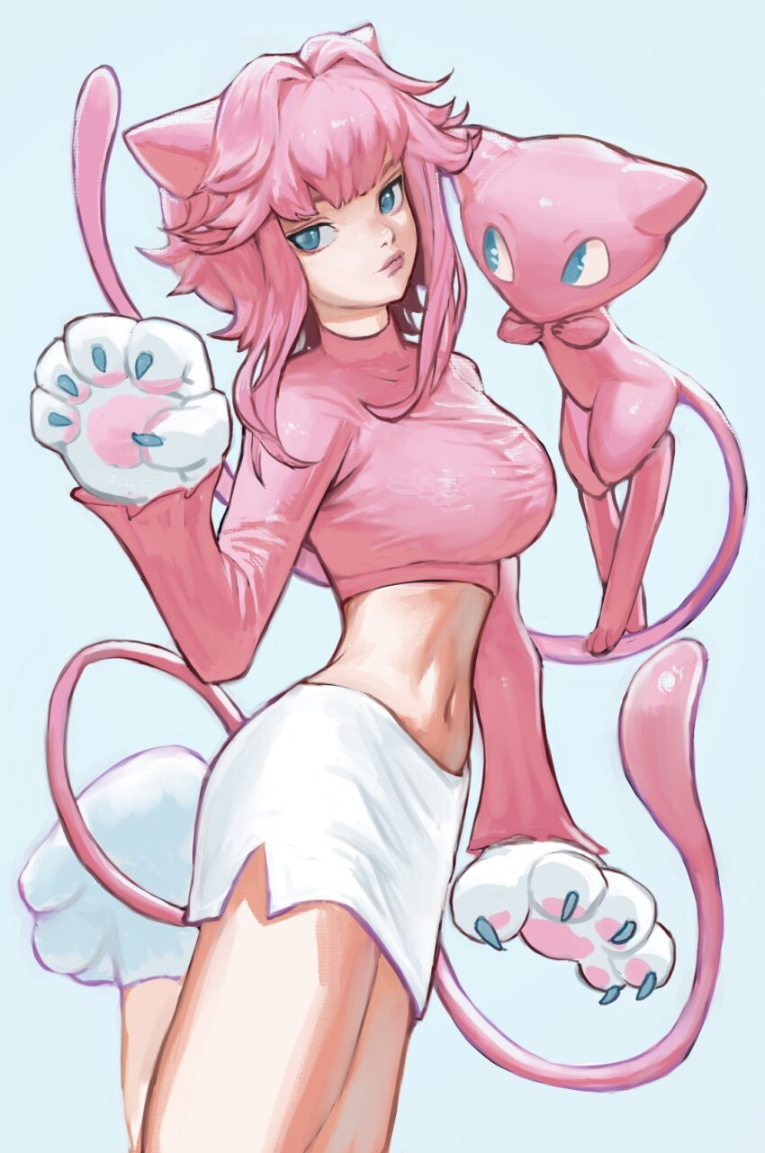 1girl animal_ears animal_hands annie_lyce arm_at_side blue_eyes breasts cat_ears cat_girl cat_tail claws closed_mouth cowboy_shot creature_and_personification crop_top female_focus floating gen_1_pokemon gloves hair_flaps hand_up highres large_breasts leg_up legendary_pokemon long_sleeves looking_at_another looking_at_viewer looking_to_the_side medium_hair mew_(pokemon) midriff miniskirt mythical_pokemon navel nintendo paw_gloves paw_shoes pencil_skirt personification pink_hair pink_shirt pokemon pokemon_(creature) shirt side_slit simple_background skirt standing standing_on_one_leg stomach tail thighs white_background white_footwear white_skirt