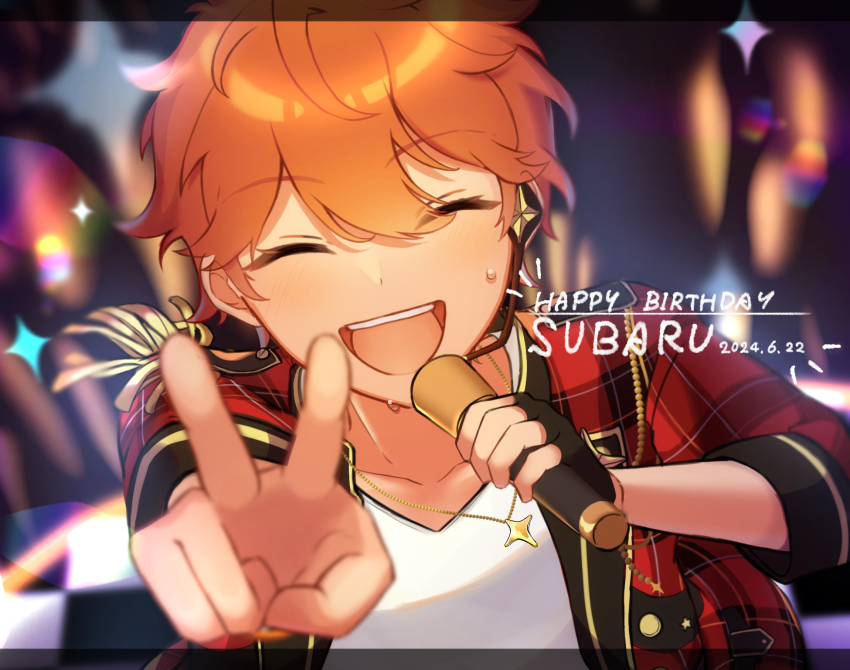 1boy akehoshi_subaru blurry blurry_background character_name closed_eyes dated ensemble_stars! facing_viewer hair_between_eyes happy_birthday highres holding holding_microphone jacket jewelry male_focus microphone nanana_(mashumaronanana) necklace open_clothes open_jacket open_mouth orange_hair red_jacket short_hair smile solo sweat teeth upper_body upper_teeth_only v