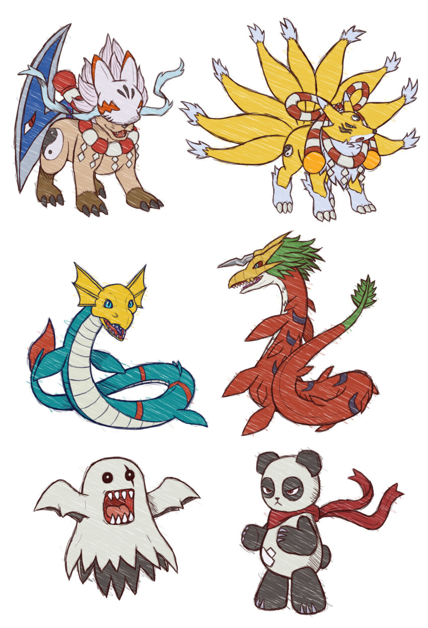 bakemon digimon digimon_(creature) kitsune kyubimon kyuubi megaseadramon multiple_tails pandamon reppamon seadramon tail