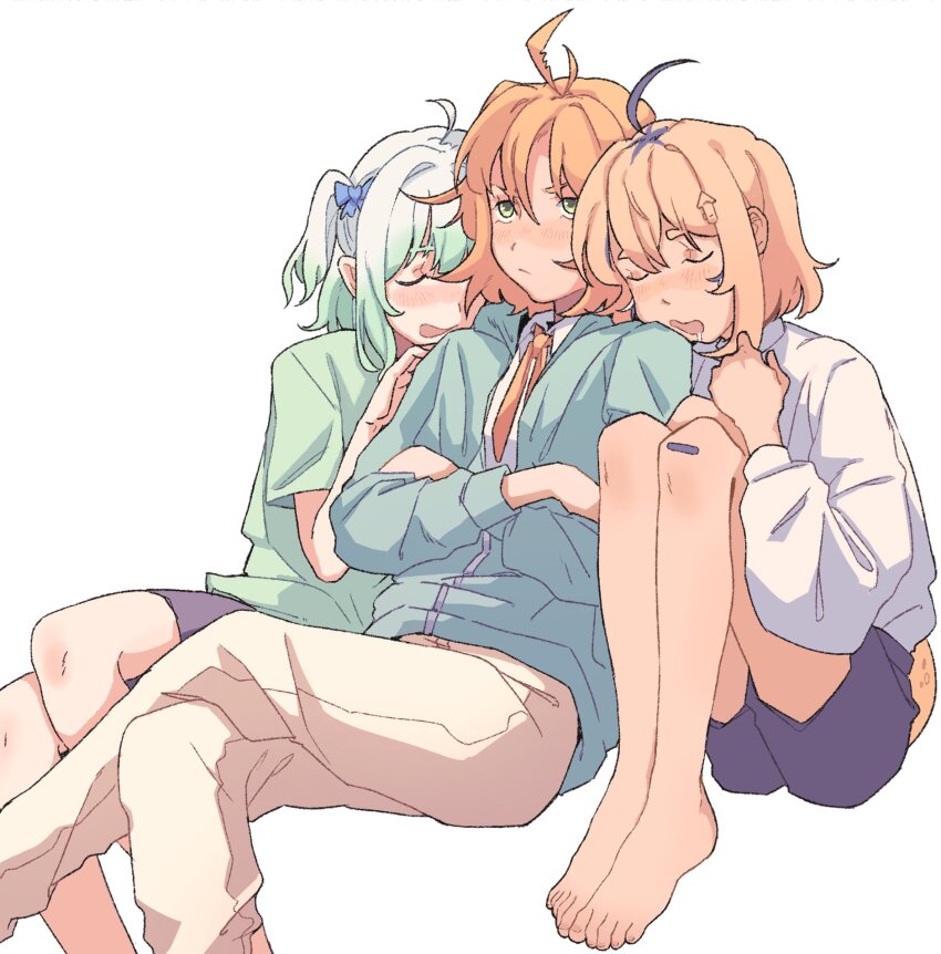 3girls addendium ahoge alternate_costume antenna_hair bandaid bandaid_on_knee bandaid_on_leg barefoot black_hair blonde_hair blue_bow blue_jacket blush bow closed_eyes closed_mouth commentary crossed_arms crossed_legs dokibird_(vtuber) dokibird_(vtuber)_(bounty_hunter) dooby_(vtuber) drooling english_commentary gradient_hair green_eyes green_hair green_shirt grey_shorts hair_between_eyes hair_bow hair_intakes hair_ornament hand_up head_on_another&#039;s_shoulder highres indie_virtual_youtuber jacket knees_up leaning_on_person long_sleeves looking_ahead mint_fantome mint_fantome_(minto_2.0) mouth_drool multicolored_hair multiple_girls neckerchief open_mouth pants puffy_long_sleeves puffy_sleeves shirt short_hair short_sleeves shorts simple_background sitting sleeping sleeping_on_person streaked_hair t-shirt toes two_side_up v-shaped_eyebrows virtual_youtuber white_background white_hair white_shirt yellow_neckerchief yellow_pants