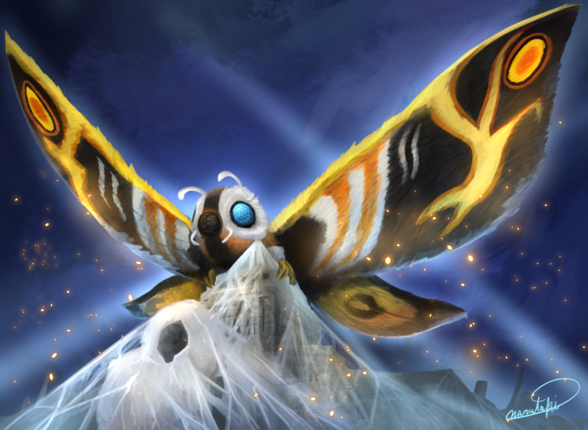 bug butterfly cocoon compound_eyes energy glowing godzilla_(series) godzilla_vs._mothra inosuke_(monstruo) insect japan kaiju moth mothra national_diet_building night no_humans powder real_world_location toho tokyo_(city) wings