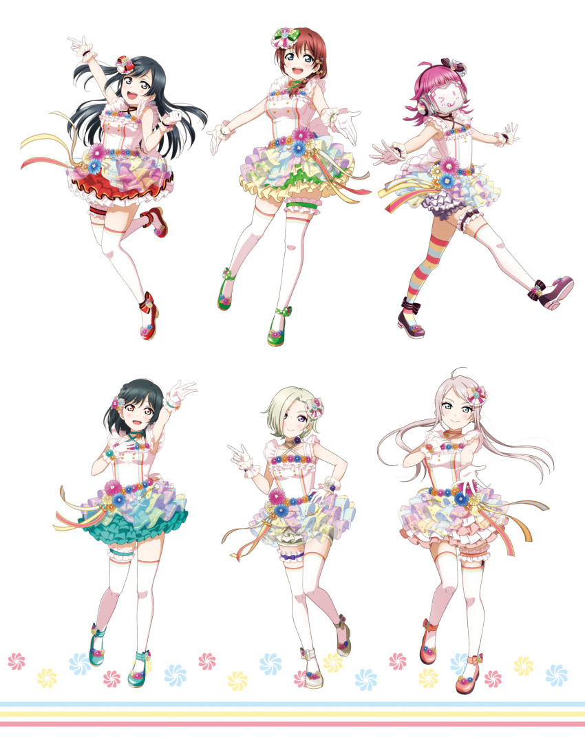 6+girls ahoge artbook black_hair blonde_hair blue_eyes bow brown_hair emma_verde frilled_skirt frills full_body gloves green_hair grey_eyes hair_ornament highres idol long_hair looking_at_viewer love_live! love_live!_nijigasaki_high_school_idol_club mia_taylor mifune_shioriko multiple_girls non-web_source official_art open_mouth pink_hair red_eyes rina-chan_board short_hair skirt sleeveless smile tennoji_rina thighhighs twintails white_background white_gloves yuki_setsuna zettai_ryouiki zhong_lanzhu