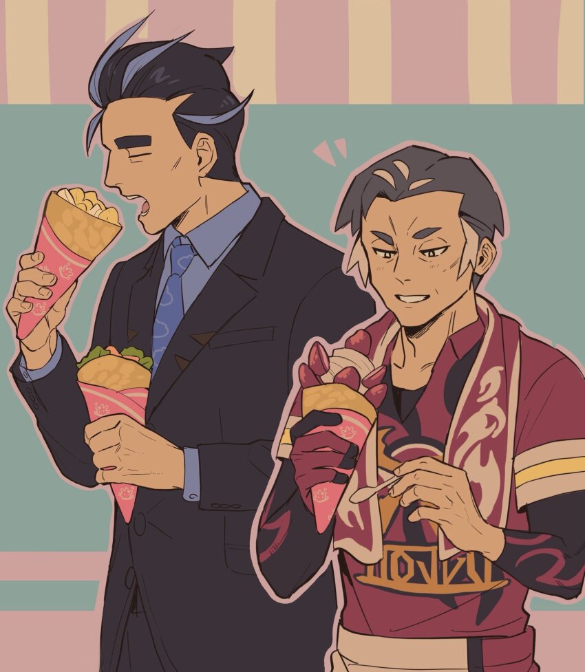 2boys black_hair black_suit blue_background blue_necktie blue_shirt business_suit closed_eyes cream crepe food formal_clothes fruit gloves grey_eyebrows gym_leader_jersey highres holding holding_spoon ice_cream_crepe jersey kabu_(pokemon) larry_(pokemon) male_focus multiple_boys necktie nintendo old old_man open_mouth pants pokemon pokemon_sv pokemon_swsh rott_ur salaryman shirt short_hair smile soccer_uniform spoon sportswear strawberry suit teeth thick_eyebrows towel towel_around_neck