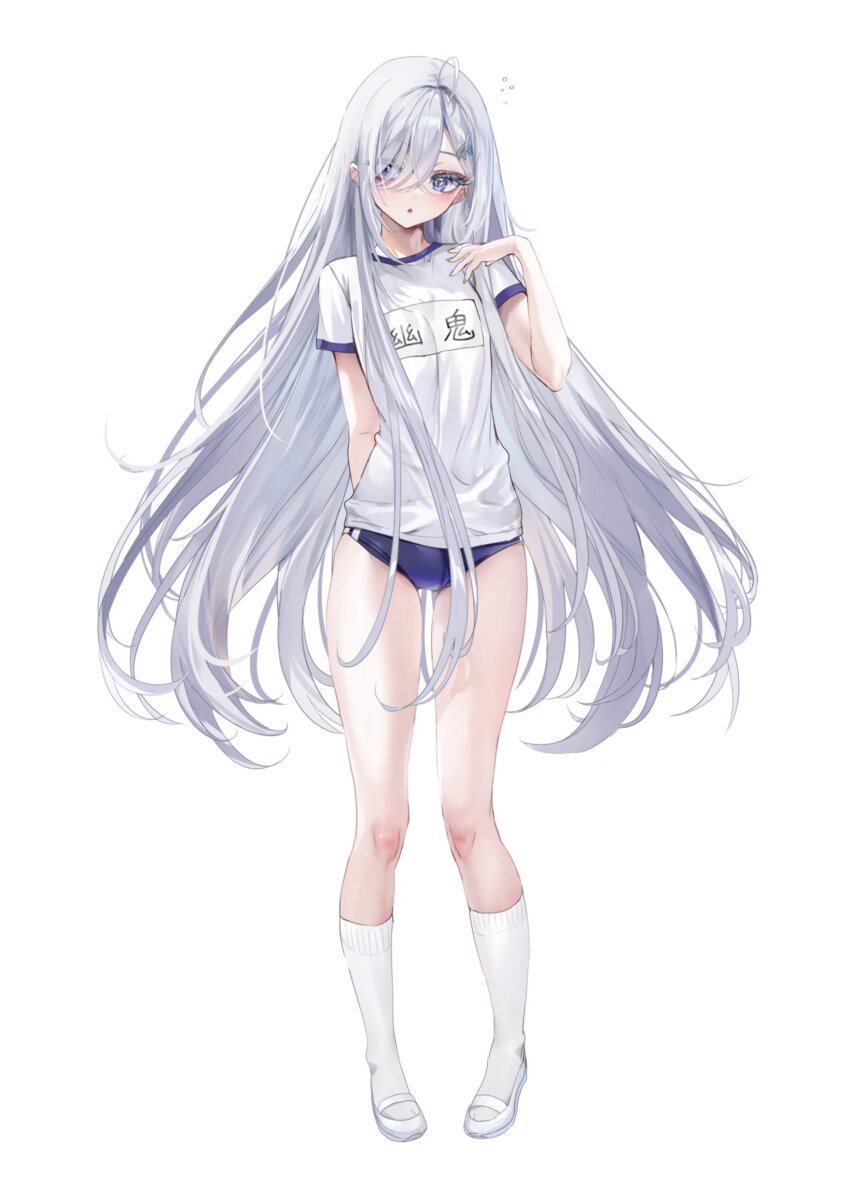 1girl absurdres bloomers blue_bloomers blue_eyes blush female_focus grey_eyes hair_ornament hair_over_one_eye hairpin heterochromia highres legs long_hair multicolored_eyes nekometaru open_mouth shibou_yuugi_de_meshi_o_kuu shirt shoes short_sleeves simple_background socks solo solo_focus standing thighs underwear very_long_hair white_background white_hair white_shirt white_shoes white_socks yuuki_(shibou_yuugi)