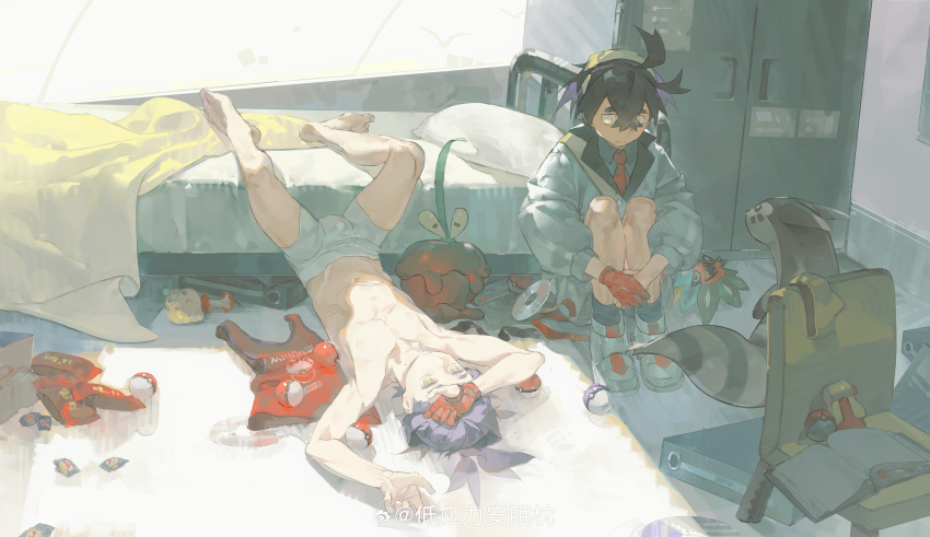 2boys absurdres applin bed berry_(pokemon) black_hair book chinese_commentary commentary_request di_yingli_bu_anmian_zhen dual_persona furret gen_2_pokemon gen_8_pokemon hair_between_eyes highres kieran_(pokemon) leftovers_(pokemon) male_underwear mask master_ball multiple_boys necktie nintendo open_book poke_ball poke_ball_(basic) pokemon pokemon_sv potion_(pokemon) red_necktie red_tank_top sitrus_berry sitting tank_top tm_(pokemon) topless_male underwear white_male_underwear yellow_eyes