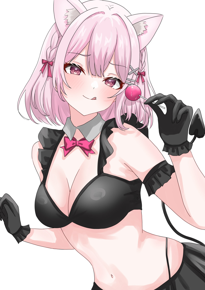 1girl absurdres akue animal_ears black_bra black_gloves black_skirt blush bow bowtie bra braid breasts candy cat_ears commission demon_tail detached_collar food gloves hair_ornament hairclip highres holding holding_candy holding_food holding_lollipop large_breasts lollipop looking_at_viewer medium_hair navel original pixiv_commission red_bow red_bowtie red_eyes simple_background skirt smile solo tail tongue tongue_out underwear white_background x_hair_ornament
