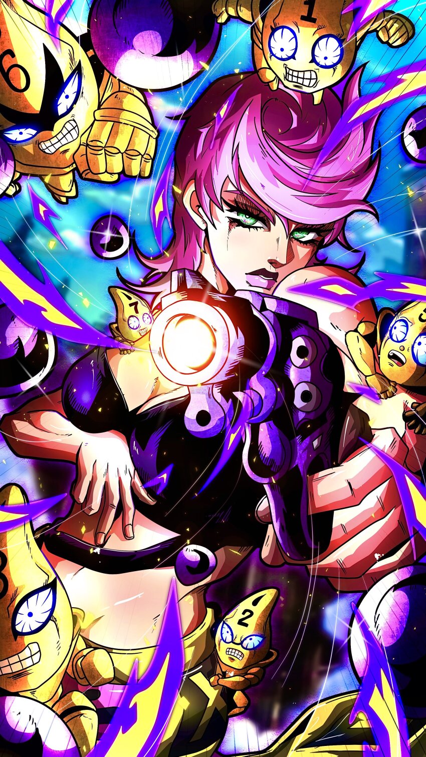 1girl absurdres black_shirt body_switch bullet colored_skin crop_top finger_on_trigger fingernails green_eyes guido_mista guido_mista&#039;s_pose gun handgun highres holding holding_gun holding_weapon jojo_no_kimyou_na_bouken jojo_pose noonvincent personality_switch pink_hair pink_lips sex_pistols_(stand) shirt stand_(jojo) trish_una vento_aureo weapon yellow_skin