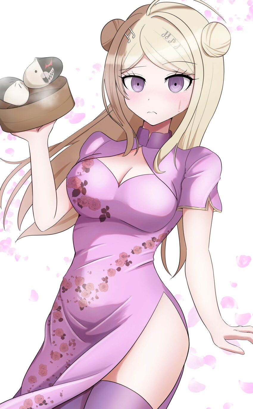 1girl 3: absurdres ahoge akamatsu_kaede alternate_costume alternate_hairstyle steamed_bun blonde_hair blush breasts character-themed_food china_dress chinese_clothes cleavage cleavage_cutout closed_mouth clothing_cutout commentary_request cowboy_shot danganronpa_(series) danganronpa_v3:_killing_harmony double_bun dress eyelashes floating_hair floral_print floral_print_dress food fortissimo frown hair_bun hair_ornament hand_up highres hip_vent holding holding_tray large_breasts long_hair looking_at_viewer monokuma musical_note musical_note_hair_ornament nanafuku parted_bangs pink_dress pink_thighhighs print_dress purple_eyes ringed_eyes short_sleeves sidelocks simple_background solo straight_hair sweatdrop thighhighs tray tsurime white_background