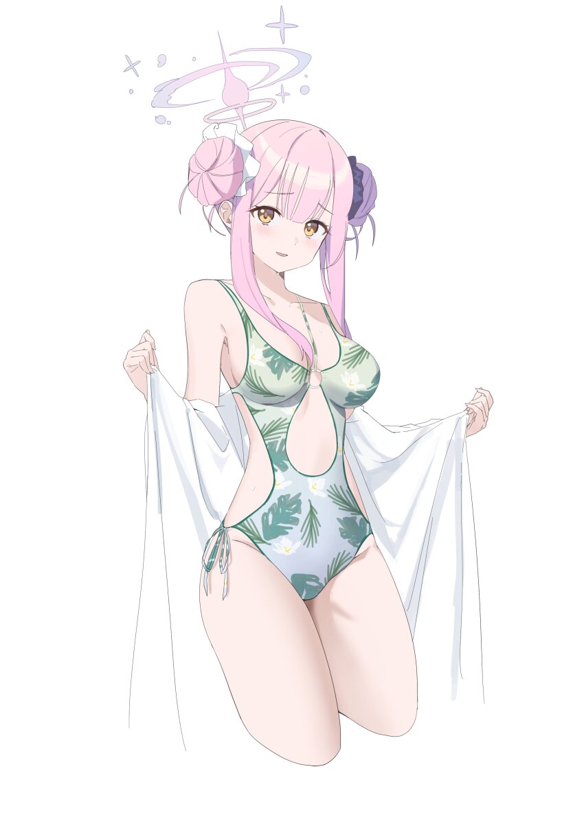 1girl absurdres alternate_costume bare_shoulders blue_archive cropped_legs halo highres looking_at_viewer mika_(blue_archive) nagul pink_hair simple_background solo swimsuit thighs white_background yellow_eyes