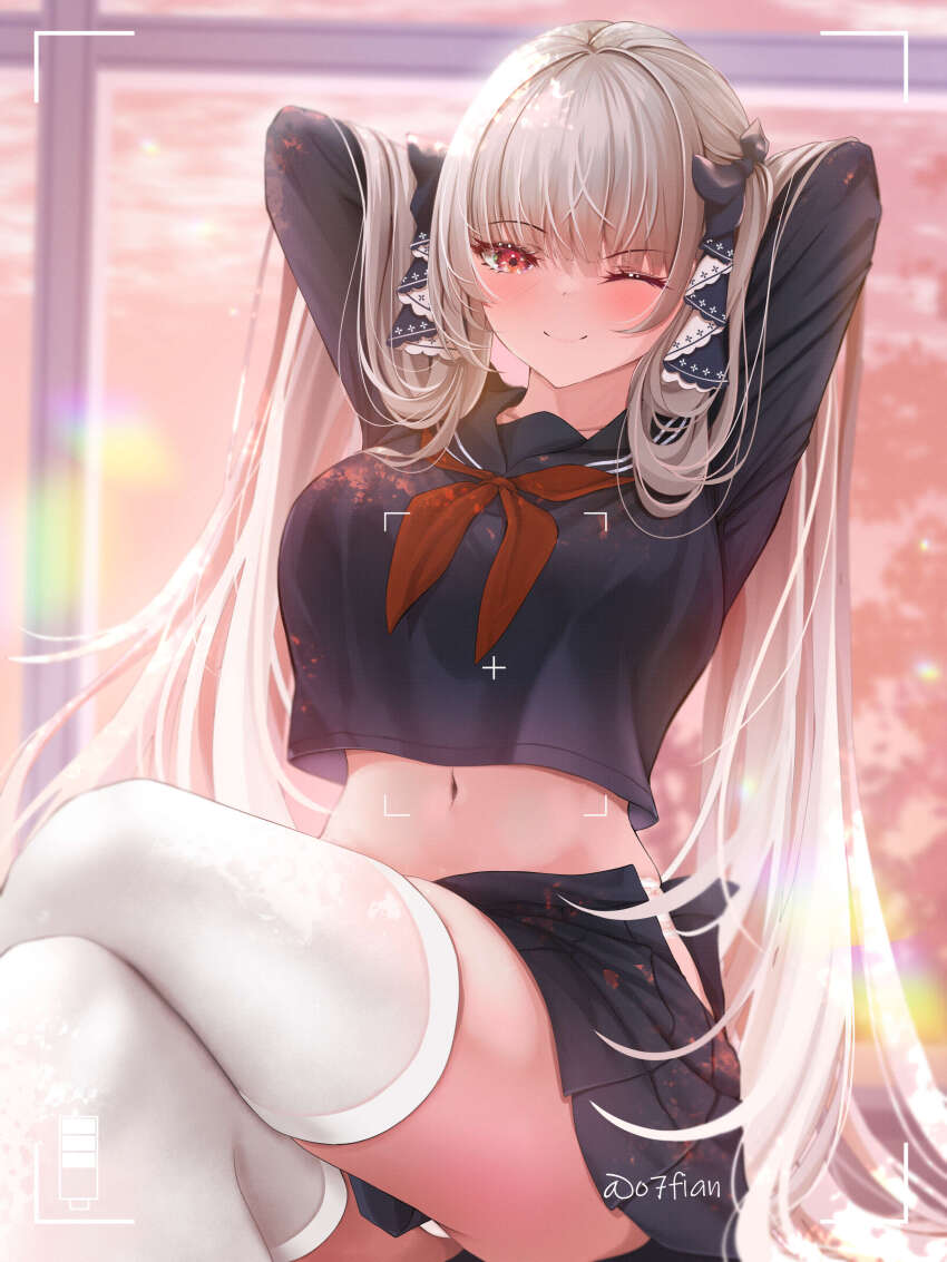 1girl absurdly_long_hair absurdres arms_behind_head azur_lane battery_indicator black_sailor_collar black_serafuku black_skirt breasts crossed_legs formidable_(azur_lane) formidable_(the_lover&#039;s_heart_flutters_on_duty)_(azur_lane) grey_hair hands_in_own_hair highres indoors large_breasts long_hair long_sleeves looking_at_viewer midriff miniskirt neckerchief o7fian official_alternate_costume one_eye_closed panties pantyshot partially_unzipped pleated_skirt red_eyes red_neckerchief ribbon sailor_collar school_uniform serafuku skirt smile solo taking_picture thighhighs twintails two-sided_ribbon two-tone_ribbon underwear very_long_hair viewfinder white_panties white_thighhighs zettai_ryouiki