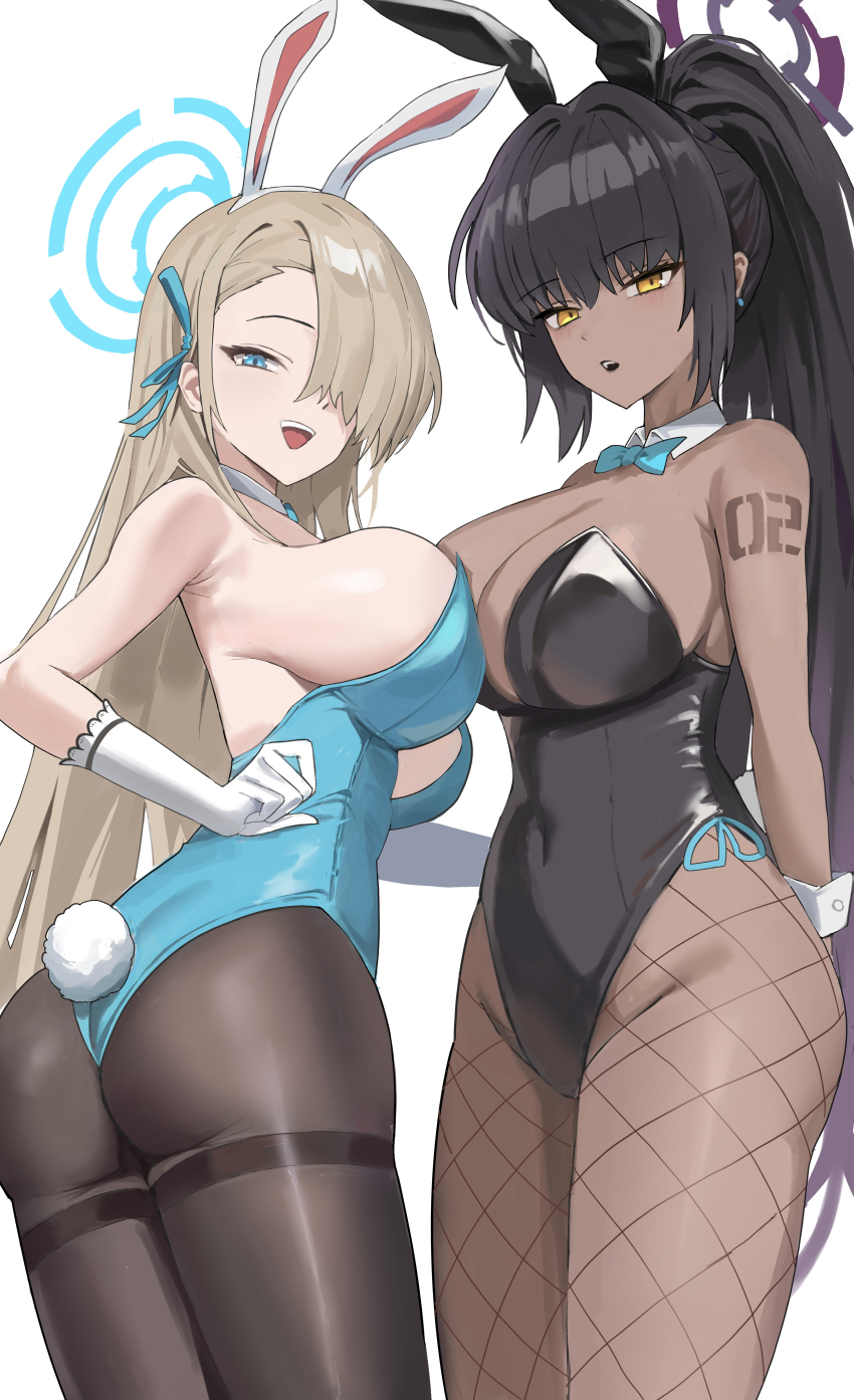 2girls absurdres animal_ears artist_request ass asuna_(blue_archive) asuna_(bunny)_(blue_archive) bare_shoulders black_hair black_leotard blonde_hair blue_archive blue_bow blue_bowtie blue_eyes blue_leotard bow bowtie breasts breasts_squeezed_together cleavage detached_collar earrings fake_animal_ears fishnets gloves hair_over_one_eye highres jewelry karin_(blue_archive) karin_(bunny)_(blue_archive) large_breasts leotard long_hair looking_at_viewer multiple_girls pantyhose playboy_bunny ponytail rabbit_ears rabbit_tail strapless strapless_leotard tail tattoo white_gloves wrist_cuffs yellow_eyes
