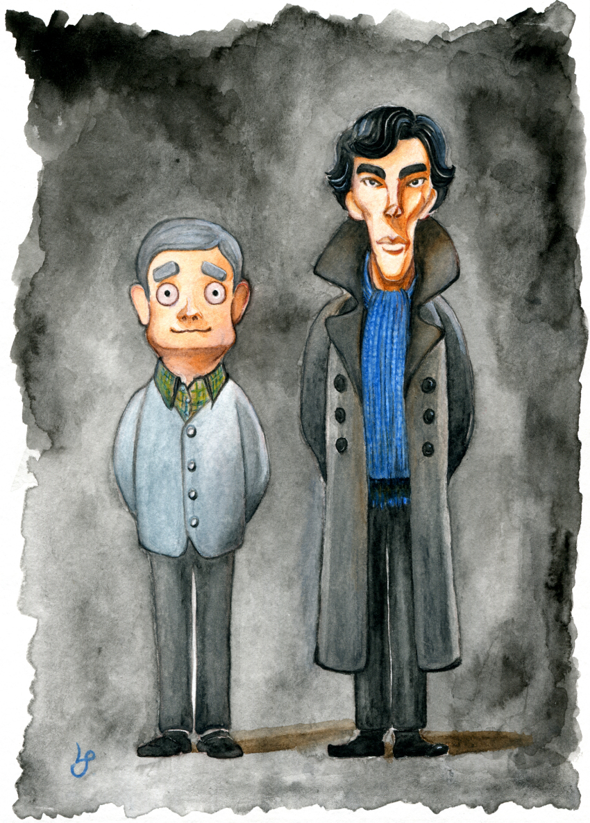 2boys absurdres black_hair coat grey_hair highres john_hamish_watson multiple_boys scarf sherlock_(bbc) sherlock_holmes_(sherlock) traditional_media