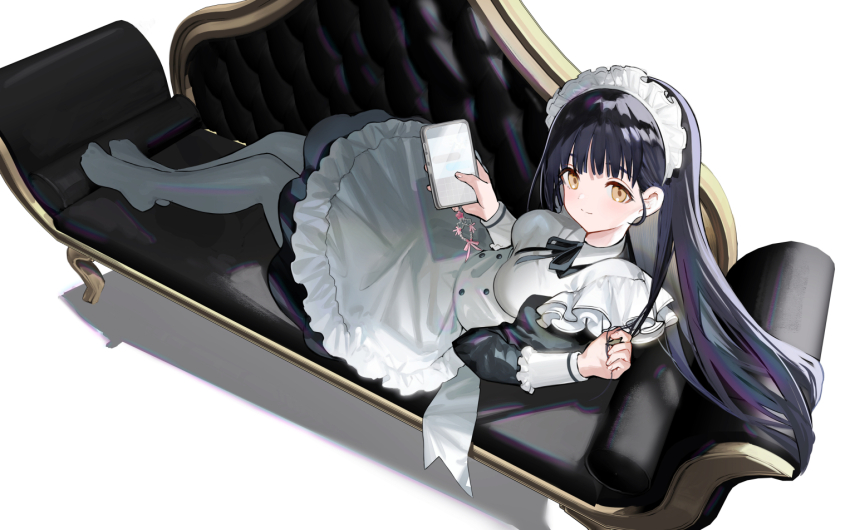 1girl apron black_dress black_hair black_ribbon breasts brown_eyes cellphone closed_mouth collared_dress commentary_request couch dress frilled_apron frills full_body grey_pantyhose hayama_eishi holding holding_phone juliet_sleeves long_hair long_sleeves looking_at_viewer looking_to_the_side maid maid_apron maid_headdress medium_breasts neck_ribbon no_shoes on_couch original pantyhose phone puffy_sleeves purple_hair ribbon shadow simple_background smile solo twirling_hair very_long_hair white_apron white_background