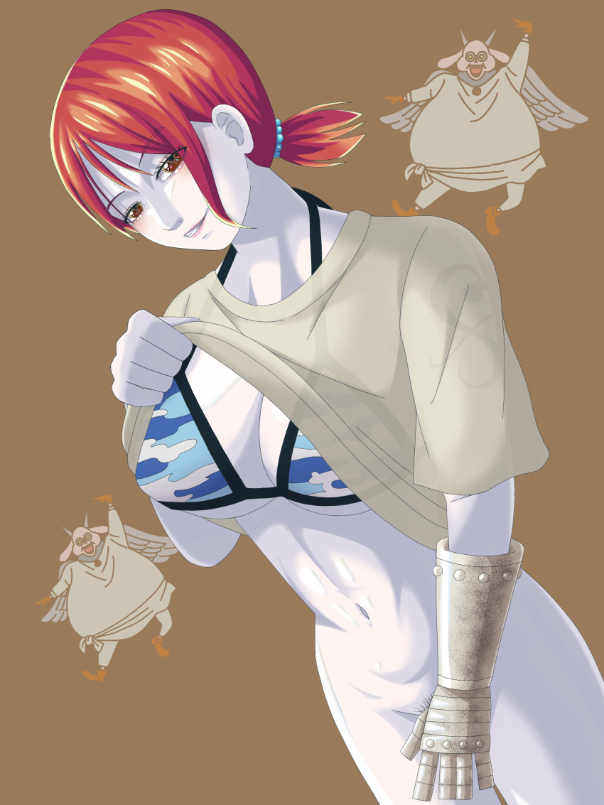 1girl absurdres artist_request bikini bikini_top_only breasts brown_background brown_eyes clothes_lift covering_privates female_pubic_hair gauntlets highres hotori_(one_piece) kotori_(one_piece) large_breasts looking_at_viewer nami_(one_piece) nami_(one_piece)_(skypiea) navel one_piece orange_hair pale_skin parted_lips pubic_hair see-through_clothes shirt_lift short_sleeves short_twintails shoulder_tattoo simple_background smile tagme tattoo twintails wings