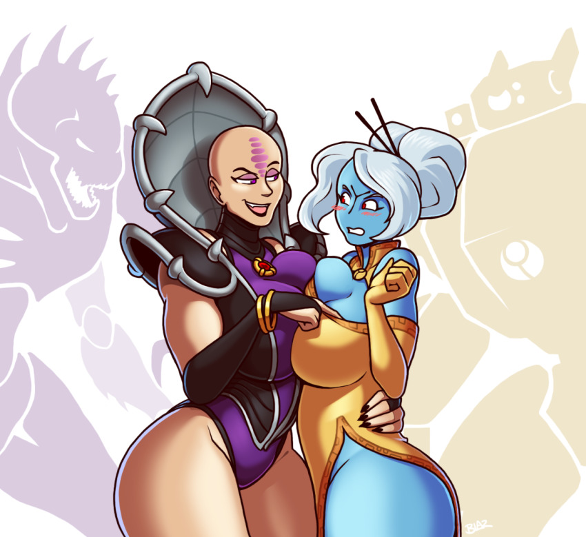alien angry ass bald black_lips black_nails blazbaros blue_skin bracelet breast_press breasts bridal_gauntlets chinese_clothes colored_skin curvy genestealer grabbing_another&#039;s_breast groping hand_on_another&#039;s_waist high_collar huge_ass huge_breasts jewelry large_breasts leotard mecha monster multiple_girls muscular muscular_female nail_polish no_panties purple_eyes red_eyes red_hair robot seductive_smile sharp_nails sharp_teeth smile symmetrical_docking t&#039;au teasing teeth thick_thighs thighs tyranid warhammer_40k white_hair wide_hips yuri