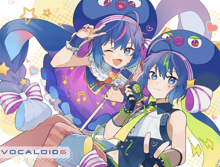 2girls :3 ahoge bare_shoulders belt black_gloves black_shorts blue_eyes blue_hair blue_headwear blue_nails blue_skirt blue_wrist_cuffs bow braid buttons collared_shirt colored_inner_hair dual_persona fangs fishnet_armwear fishnets frilled_skirt frilled_wrist_cuffs frills gloves gradient_clothes gradient_skirt green_belt green_hair green_necktie hair_bow hand_up heart highres holding holding_microphone knees_up lightning_bolt_facial_mark lightning_bolt_symbol long_hair microphone microphone_stand multicolored_hair multiple_girls musical_note nail_polish navel neck_ribbon necktie one_eye_closed open_mouth otomachi_una otomachi_una_(spicy) otomachi_una_(sugar) otomachi_una_(vocaloid6_spicy) otomachi_una_(vocaloid6_sugar) pink_bow pink_hair pink_skirt purple_nails purple_skirt red_ribbon ribbon shirt shorts sitting skirt sleeveless sleeveless_shirt sparkle star_(symbol) streaked_hair striped_bow suiso_sn3 twintails v v-shaped_eyebrows vocaloid white_bow wrist_cuffs
