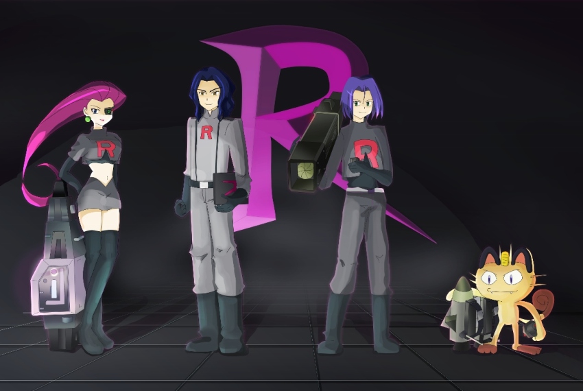 10s 1girl 2boys black_footwear black_gloves blonde_hair blue_eyes blue_hair boots gen_1_pokemon gloves green_eyes green_hair james_(pokemon) jessie_(pokemon) meowth multiple_boys nintendo pierce_(pokemon) pokemon pokemon_(anime) pokemon_(creature) pokemon_best_wishes pokemon_bw_(anime) purple_hair red_hair team_rocket team_rocket_uniform yellow_eyes
