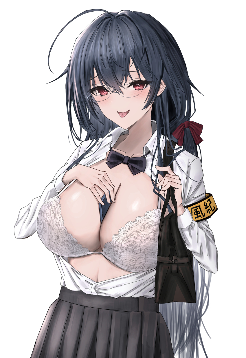 00zanpan00 1girl absurdres ahoge armband azur_lane bag between_breasts black_bow black_bowtie black_hair bow bowtie bra breasts cleavage crossed_bangs glasses hair_ribbon highres huge_ahoge huge_breasts lace lace-trimmed_bra lace_trim long_hair looking_at_viewer loose_bowtie official_alternate_costume open_clothes open_shirt phone red_eyes ribbon round_eyewear shirt_tucked_in shoulder_bag solo taihou_(azur_lane) taihou_(sweet_time_after_school)_(azur_lane) tongue tongue_out underwear white_bra yellow_armband