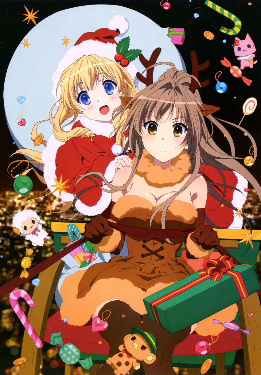 &gt;:( 10s 2girls :d absurdres amagi_brilliant_park animal_costume animal_ears antenna_hair antlers blonde_hair blue_eyes bonta-kun box breasts brown_eyes brown_hair brown_legwear candy candy_cane city cleavage food frown full_metal_panic! gift gift_box hat heart highres horns large_breasts latifa_fleuranza long_hair macaron_(amaburi) moffle multiple_girls night non-web_source nyantype official_art open_mouth polka_dot reindeer_antlers reindeer_costume santa_costume santa_hat sento_isuzu sky smile thighhighs tiramii v-shaped_eyebrows