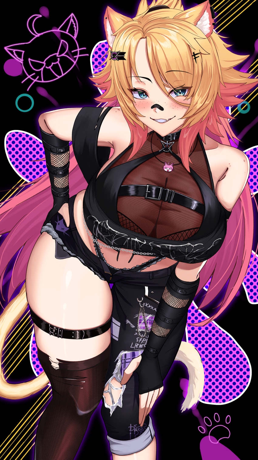 1girl absurdres animal_ear_fluff animal_ears bandaid bandaid_on_face bandaid_on_nose belt_collar black_collar black_gloves black_panties black_pants black_shirt black_shorts black_thighhighs blonde_hair breasts cat_ears cat_girl cat_tail chest_belt cleavage closed_mouth collar elbow_gloves fang freckles gloves gradient_hair hand_on_own_hip highleg highleg_panties highres hossy indie_virtual_youtuber large_breasts long_hair looking_at_viewer multicolored_hair obkatiekat obkatiekat_(2nd_costume) panties pants pink_hair shirt shorts single_thighhigh skin_fang smile solo tail thigh_strap thighhighs torn_clothes torn_pants torn_thighhighs underwear very_long_hair virtual_youtuber
