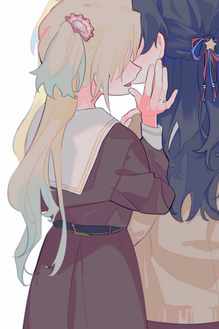 2girls belt black_belt blonde_hair blue_hair blue_ribbon braid brown_cardigan brown_dress cardigan commentary_request cowboy_shot dress flower from_behind glint hair_flower hair_ornament hair_ribbon half_up_braid half_updo hand_on_another&#039;s_shoulder hand_up hasu_no_sora_school_uniform highres jewelry link!_like!_love_live! long_sleeves love_live! multiple_girls murano_sayaka open_mouth osawa_rurino pink_flower pipi_(m1x_mix) red_ribbon ribbon ring sailor_collar sailor_dress school_uniform simple_background star_(symbol) star_hair_ornament twintails virtual_youtuber wedding_ring whispering whispering_in_ear white_background white_sailor_collar winter_uniform