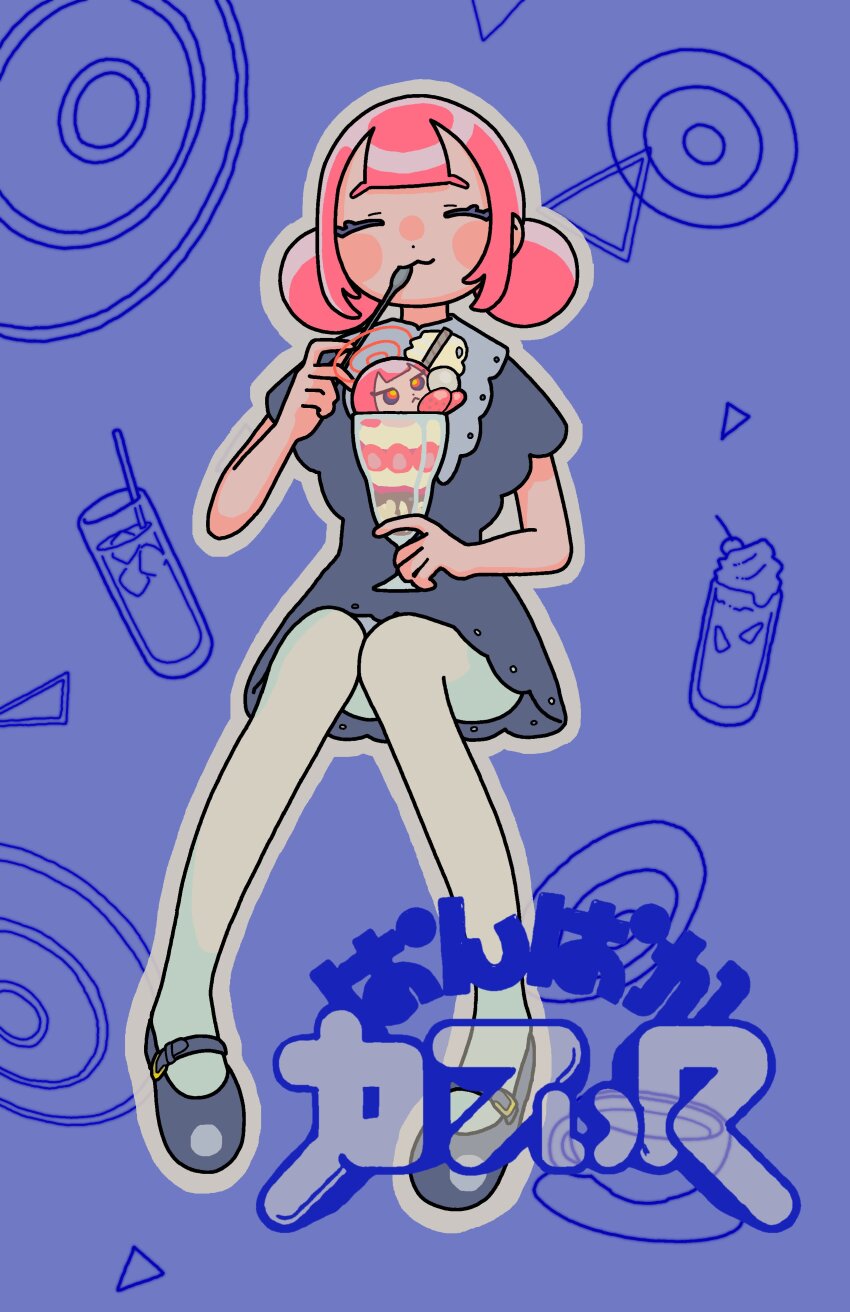1girl :3 absurdres alternate_costume blunt_bangs character-themed_food closed_eyes closed_mouth commentary_request double_bun dress facing_viewer food full_body grey_outline hair_bun highres holding holding_food holding_ice_cream holding_spoon ice_cream ice_cream_spoon invisible_chair kaf_(kamitsubaki_studio) kamitsubaki_studio knees_together_feet_apart mary_janes outline pantyhose parfait pigeon-toed pink_hair purple_background purple_dress shoes short_dress short_sleeves shuujuu_misobata simple_background sitting smile solo spoon virtual_youtuber white_pantyhose