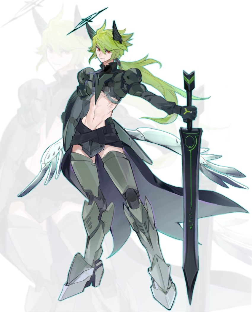 1boy alternate_costume aotu_world armor arrow_(projectile) belt black_belt black_gloves black_shirt black_shorts boots chinese_commentary closed_mouth crop_top full_body gloves greaves green_hair grey_boots halo headgear high_heels highres holding holding_arrow holding_sword holding_weapon long_hair looking_at_viewer low_ponytail male_focus mecha_danshi midriff navel ponytail red_eyes shirt short_shorts shorts simple_background solo standing stomach sukebegg sword thigh_boots waist_cape weapon white_background xander_(aotu_world) zoom_layer