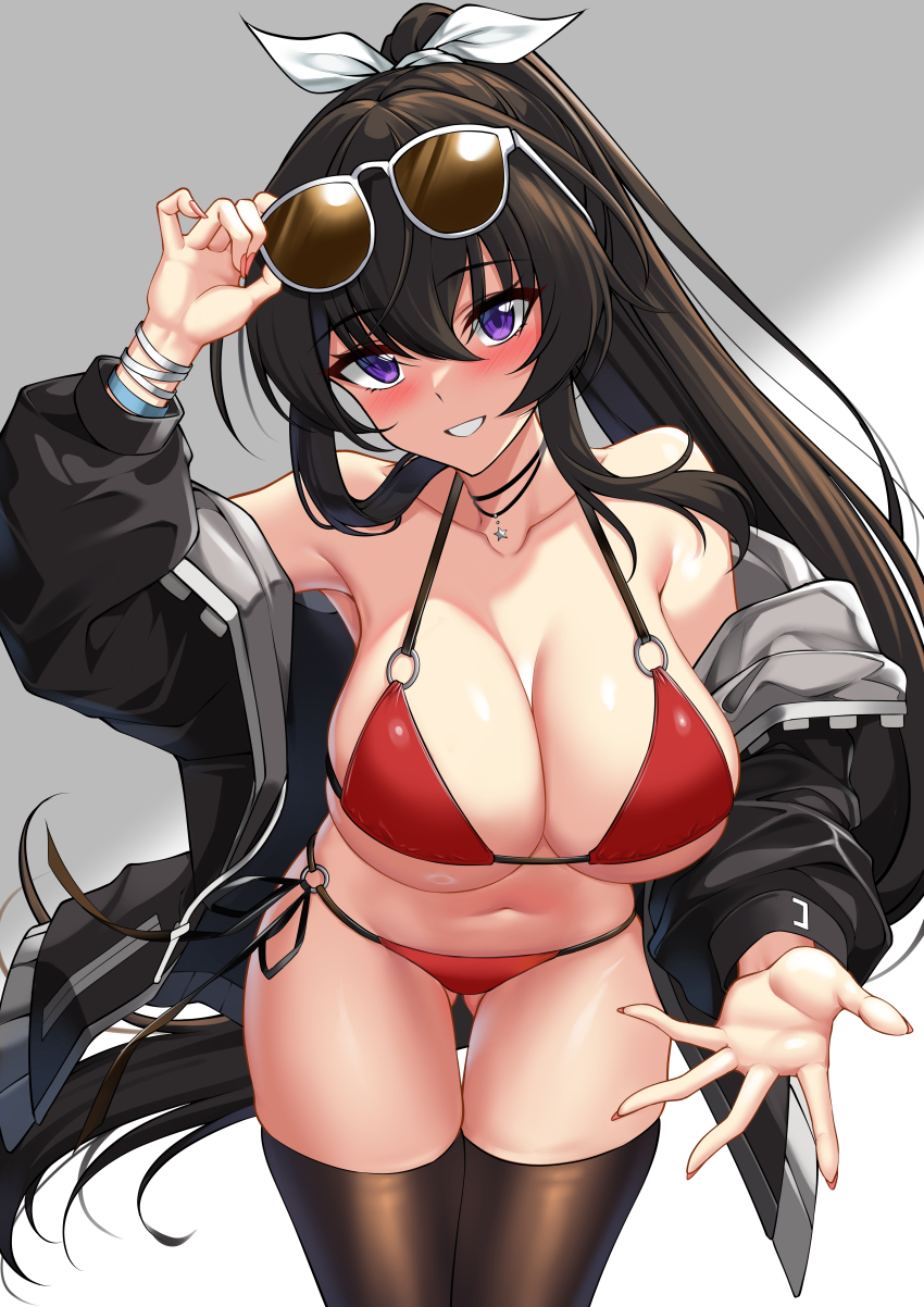 1girl absurdres bikini black_hair black_jacket breasts brown_thighhighs counter:side elze_(s01047480836) eyewear_on_head gradient_background grey_background highres jacket large_breasts long_hair looking_at_viewer o-ring o-ring_bikini o-ring_top open_clothes open_jacket ponytail purple_eyes red_bikini smile solo standing sunglasses swimsuit thighhighs very_long_hair yoo_mina