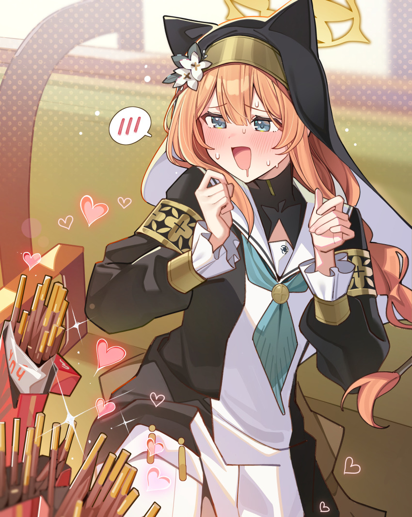 1girl absurdres animal_ears aqua_eyes aqua_neckerchief black_coat black_veil blue_archive blush cat_ears cat_girl coat commentary_request dress drooling ears_under_headwear food hair_between_eyes heart highres long_hair mari_(blue_archive) mouth_drool muo_(muojjang_0929) neckerchief nose_blush nun open_clothes open_coat open_mouth orange_hair pocky sailor_collar smile spoken_blush spoken_heart veil white_dress white_sailor_collar