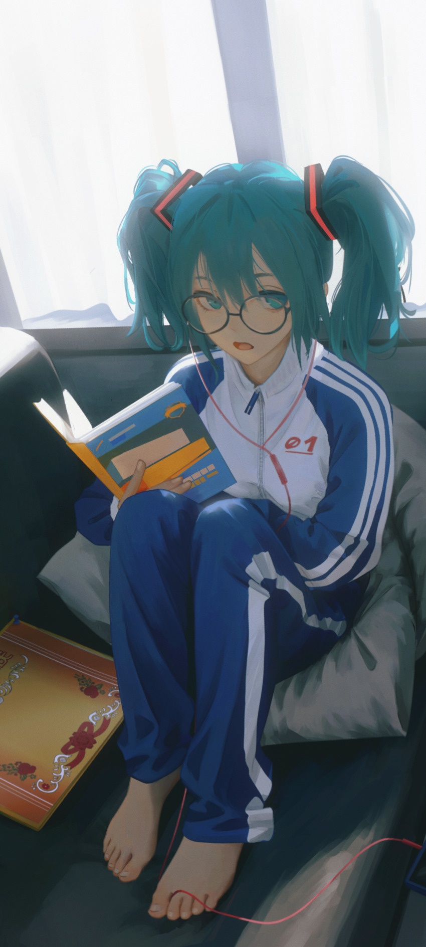 1girl absurdres aqua_eyes aqua_hair barefoot blue_pants blue_sleeves book can chinese_commentary commentary_request couch earphones glasses hair_between_eyes hatsune_miku highres jacket looking_at_viewer medium_hair on_couch open_book open_mouth pants pillow reading sitting solo twintails vocaloid white_jacket worldwide_miku yao_liao_wang zipper_pull_tab