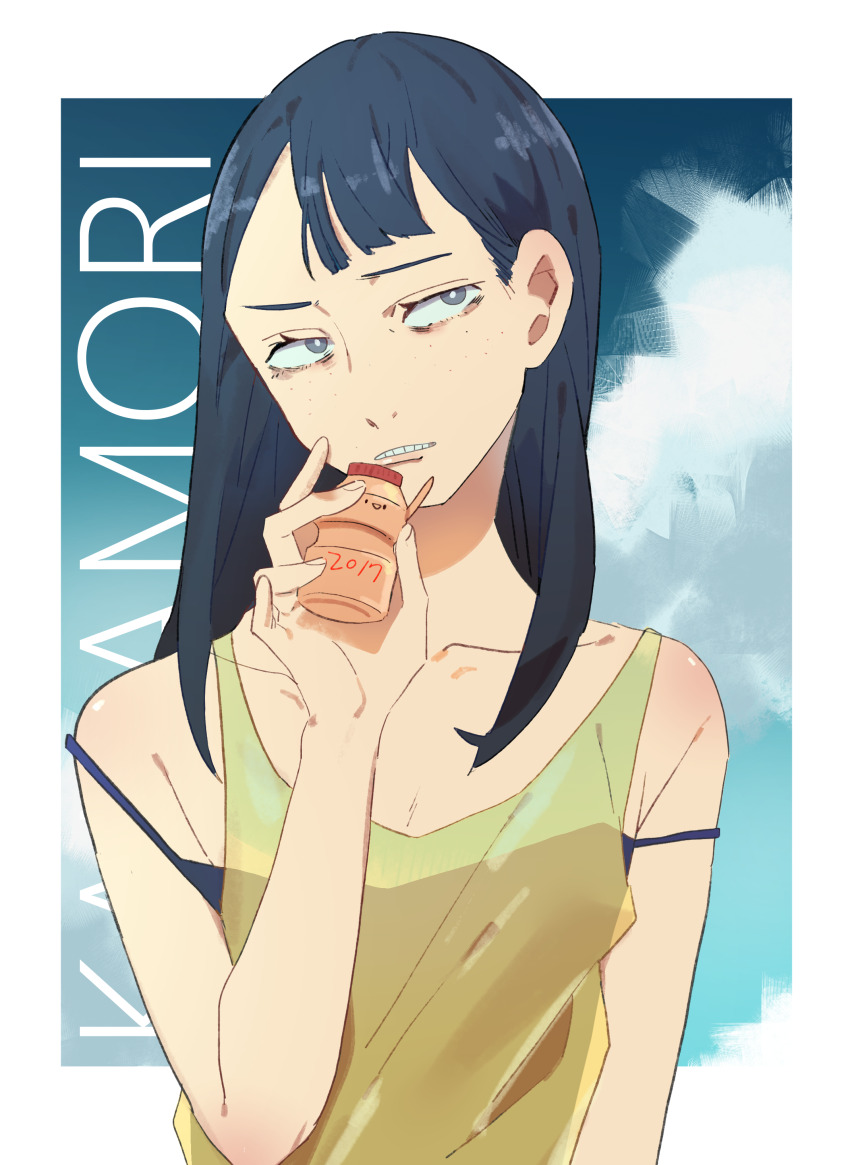 1girl absurdres asymmetrical_bangs border character_name cloud commentary eizouken_ni_wa_te_wo_dasu_na! freckles highres kanamori_sayaka long_hair solo takao_(88499191) teeth white_border yakult